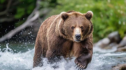A powerful brown bear walking along the riverbank
