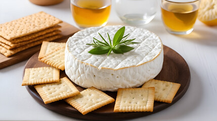 Tzfat cheese with crackers. Israeli traditional cheese. Symbol of the Jewish holiday Shavuot. Selective focus.