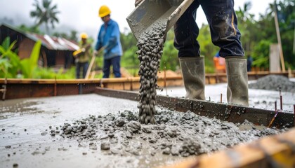 Construction workers pouring concrete