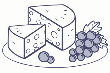 A block of cheese with slices next to it, grapes garnish, modern flat illustration style.