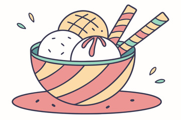 A bowl of ice cream with three scoops and wafer sticks, modern flat illustration style.