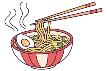 A bowl of ramen noodles with chopsticks resting on top, egg and green onions, modern flat illustration style.