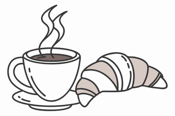 A coffee cup with steam rising, croissant beside it, modern flat illustration style.