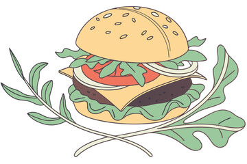 A burger with lettuce, tomato, cheese, and sesame bun, modern flat illustration style.