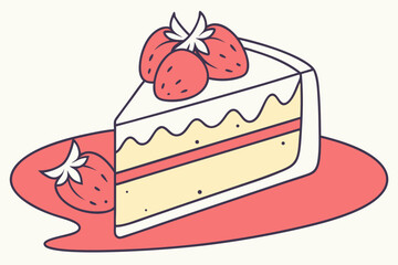 A slice of cake with strawberries on top, modern flat illustration style.