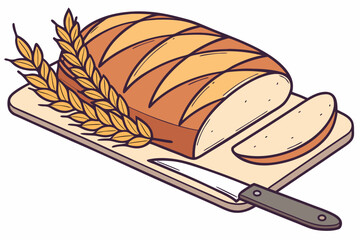 A loaf of bread with a knife beside it, wheat stalk garnish, modern flat illustration style.