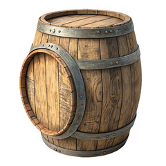 Fototapeta premium A wooden barrel with metal hoops on a black background close up view on transparent background