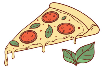 A slice of pizza with melted cheese, basil leaf, and tomato slices, modern flat illustration style.