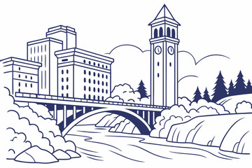 Obraz premium Spokane skyline in linear sketch style, capturing Spokane Falls, Riverfront Park clock tower, and downtown, modern flat illustration style.
