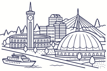 Tacoma skyline in linear sketch style, featuring Museum of Glass, Tacoma Dome, and waterfront, modern flat illustration style. © Jaana