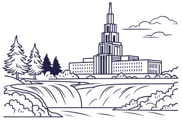 Idaho Falls skyline in linear sketch style, featuring Idaho Falls Temple, Snake River, and waterfalls, modern flat illustration style.