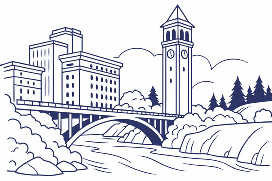 Spokane skyline in linear sketch style, capturing Spokane Falls, Riverfront Park clock tower, and downtown, modern flat illustration style.