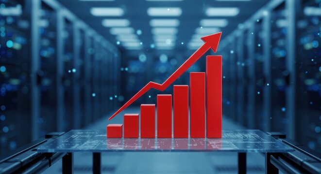 Data center with servers and red chart showing business growth and technology innovation - Powered by Adobe