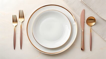 Elegant oval white dinner plate with gold rim set with rose gold cutlery for a sophisticated dining experience
