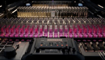 Rows of test tubes filled with vibrant pink liquid, within a futuristic lab setting