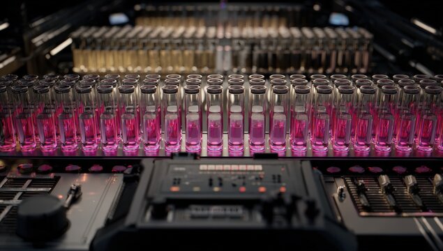 Rows of test tubes filled with vibrant pink liquid, within a futuristic lab setting
