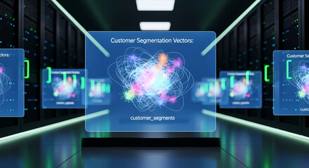 Visualize customer segmentation data with dynamic abstract vectors in a futuristic server room