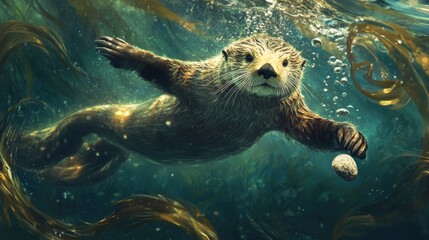 A sea otter diving underwater surrounded by swirls of kelp