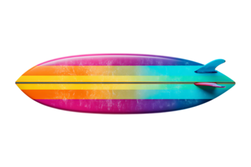 Colorful surfboard with rainbow stripes isolated on transparent background.