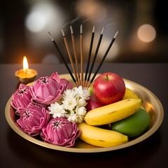 Closeup of ritual offerings on a brass plate with flowers, fruits, and incense sticks, glowing in soft candlelight with a serene spiritual ambiance.
