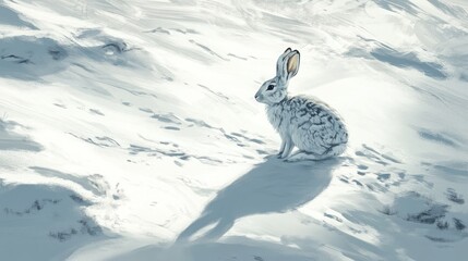 A silent snow hare camouflaged among untouched snowfields