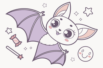Kawaii Halloween Bat with Candy and Stars Vector