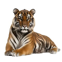 Fototapeta premium オレンジと黒の縞模様の虎が白い背景に座る姿を捉えたポートレート