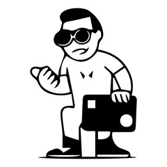 Stylish Minimalist Illustration of a Cool Confident Guy with Sunglasses and Bag in Black and White Style