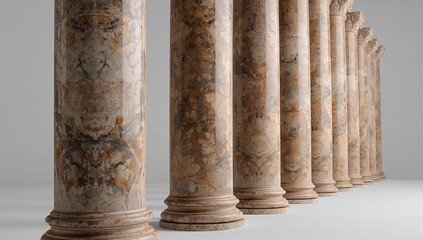A row of ornate marble columns within classical architecture, featuring polished stone textures featuring warm earthy tones, viewed in soft indoor lighting from the side perspective