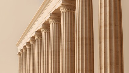 Majestic row of classical stone columns within ancient architectural style, captured in warm sunset light featuring soft shadows, highlighting symmetry, detail, and timeless grandeur
