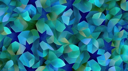Abstract pattern of interlocking, star-shaped, multifaceted forms in shades of teal and blue