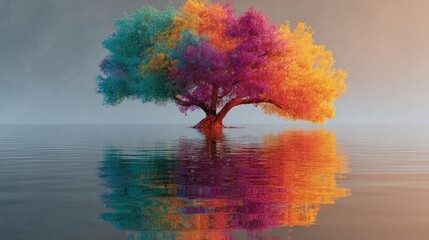 Colorful tree reflected in a placid body of water