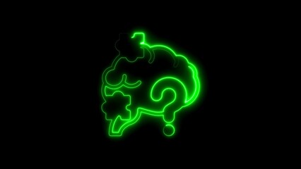 Green neon brain with question mark symbol on black background representing questions