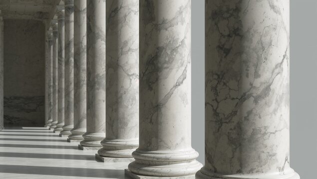 Elegant marble columns within neoclassical architecture illuminated by soft sunlight, casting long shadows across the polished floor, creating the serene and timeless atmosphere