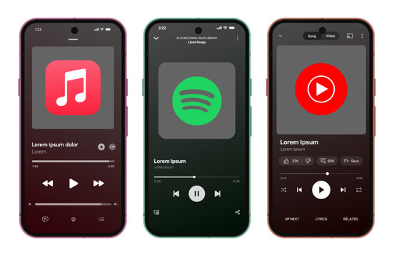 Music Streaming App UI Mockup Set &ndash; Spotify, YouTube Music and Apple Music Interfaces on Smartphone Screens for Playlists, Songs and Digital Audio Design.