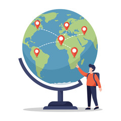 A person with a backpack pointing at a globe with interconnected location pins, symbolizing global travel and exploration planning.