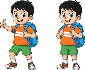 Cartoon Schoolboy Character in Orange Shirt and Green Shorts with Backpack in Two Expressive Poses on White Background