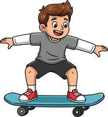 Cartoon Skateboarder in Joyful Pose Balancing on Blue Skateboard with Red Sneakers and Grey Shirt on White Background