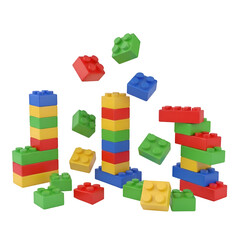 Obraz premium Colorful Plastic Blocks Stacking High, Creating Structures with a Transparent Background