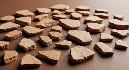 Scattered terracotta segments on a brown backdrop, an abstract arrangement of clay fragments evoking archaeological finds and natural patterns, fostering a sense of texture and history