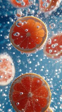 Pomelo Slices Floating in Clear Sparkling Water