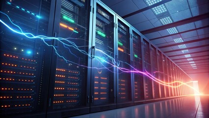 Futuristic data center with glowing blue and pink energy streams flowing between server racks in a dimly lit high tech environment