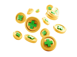 Golden coins with green plus symbols scattered in the air