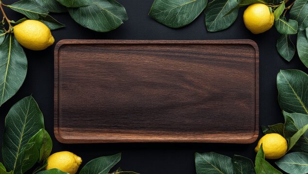 Top view of an empty rectangular wooden platter surrounded by fresh lemons and green leaves, creating a natural and elegant frame on a dark surface