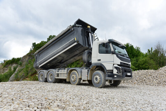 A large dump truck in operation at a quarry