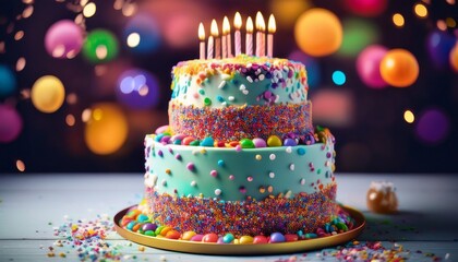tiered birthday cake with colorful sprinkles on top decoration birthday celebration