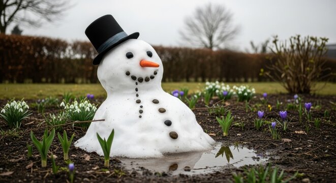 Melting snowman with a black hat and carrot nose, surrounded by blooming flowers in early spring. Winter's end.