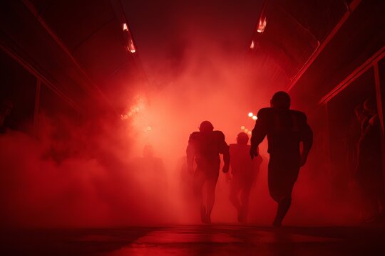 A team of American football players runs through a tunnel filled with red smoke and dramatic lighting, creating an intense and dynamic entrance scene.