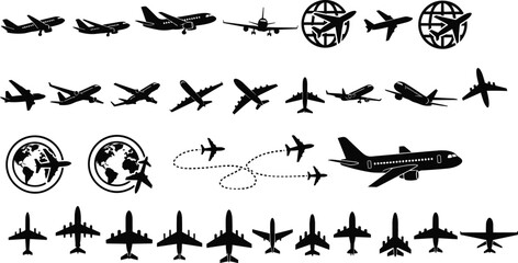 Vector Silhouette Illustration of Airplanes in Varied Views and Flight Paths with Globe Travel Symbols on White Background