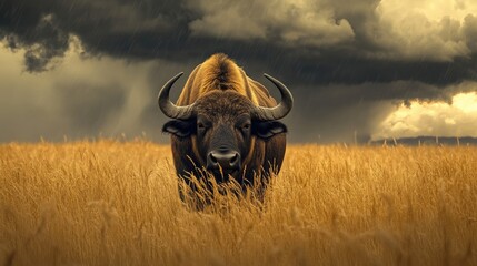 A stoic buffalo standing amidst tall golden grass